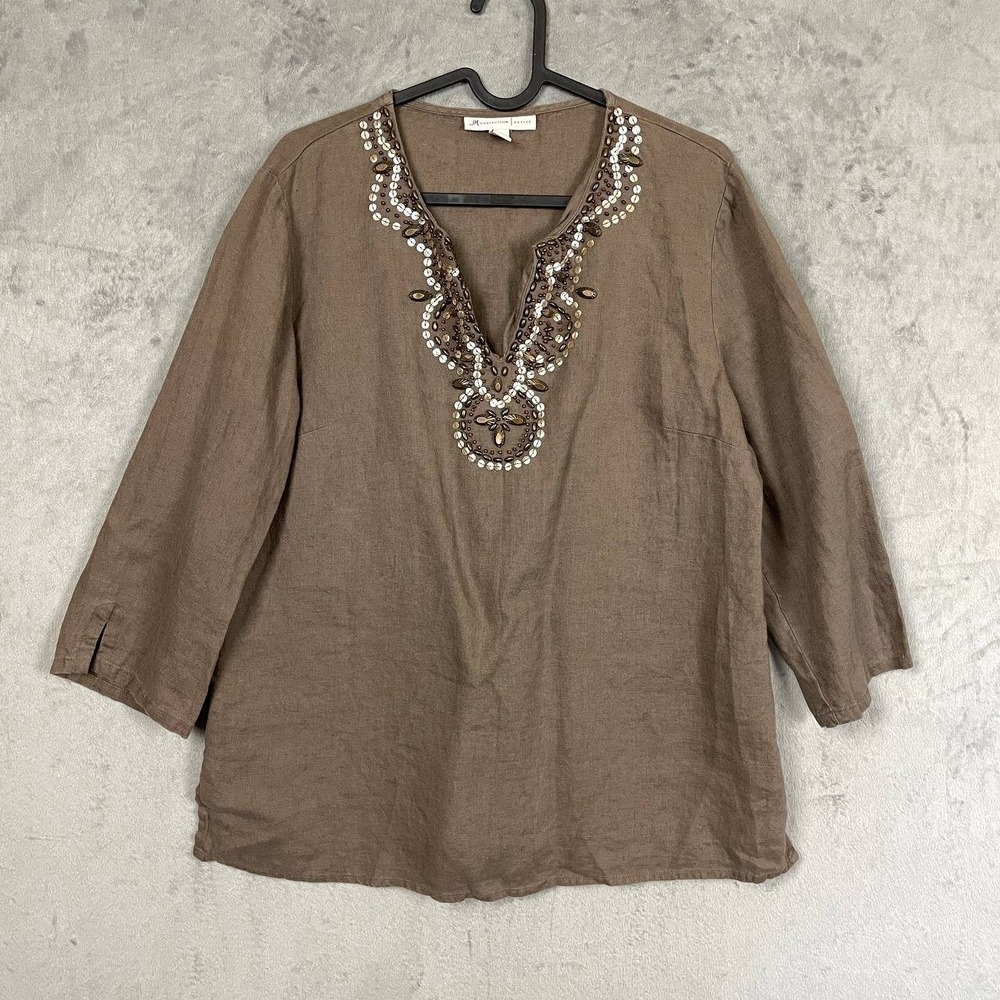 100% Linen Tunic Top Brown Beaded Sequin Split Neck 3/4 Sleeve 14P Boho